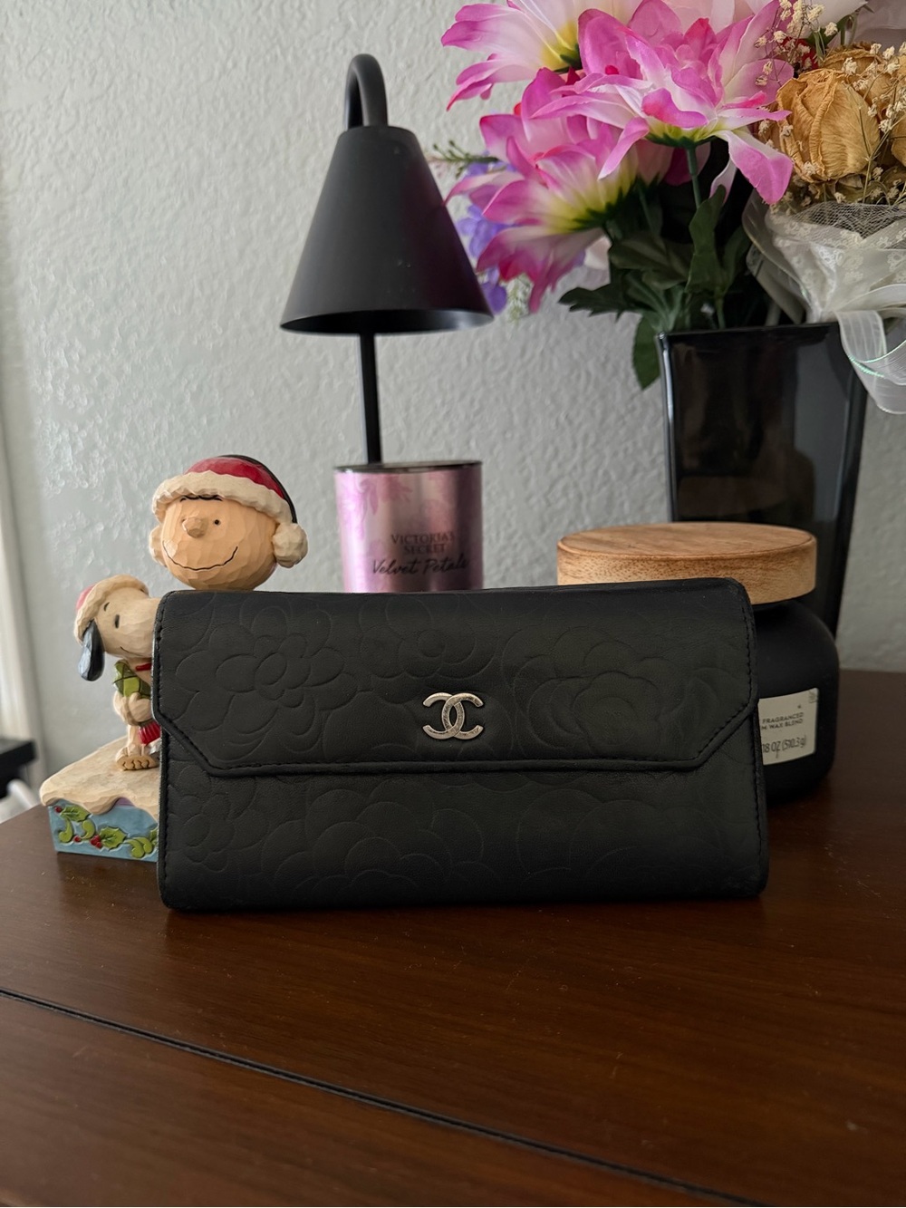 Chanel Black Camellia Quilted Leather Wallet with Silver CC Logo